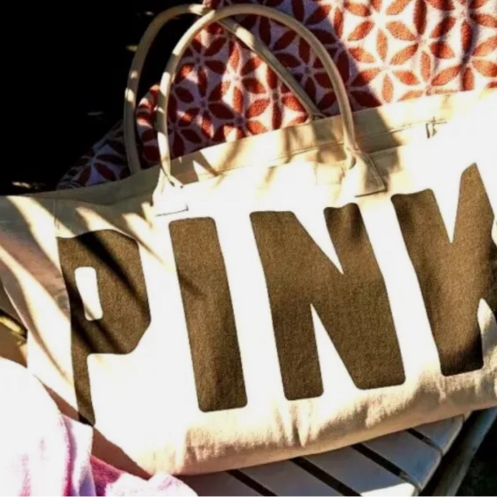 Victoria's Secret PINK Oversized CANVAS TOTE Zip Travel Beach BAG Beige Logo NWT